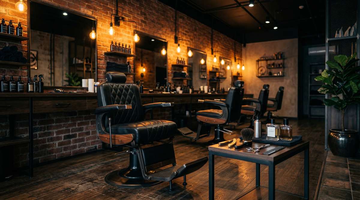 Backbone Barbershop — premium barbershop interior with leather chairs and warm lighting